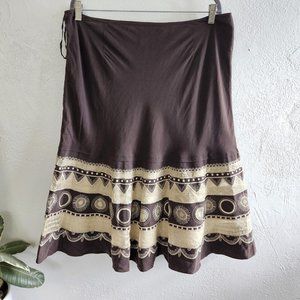 Jones New York Flared Hippy Boho Brown Embroidered Knee Length Skirt Earthy 16